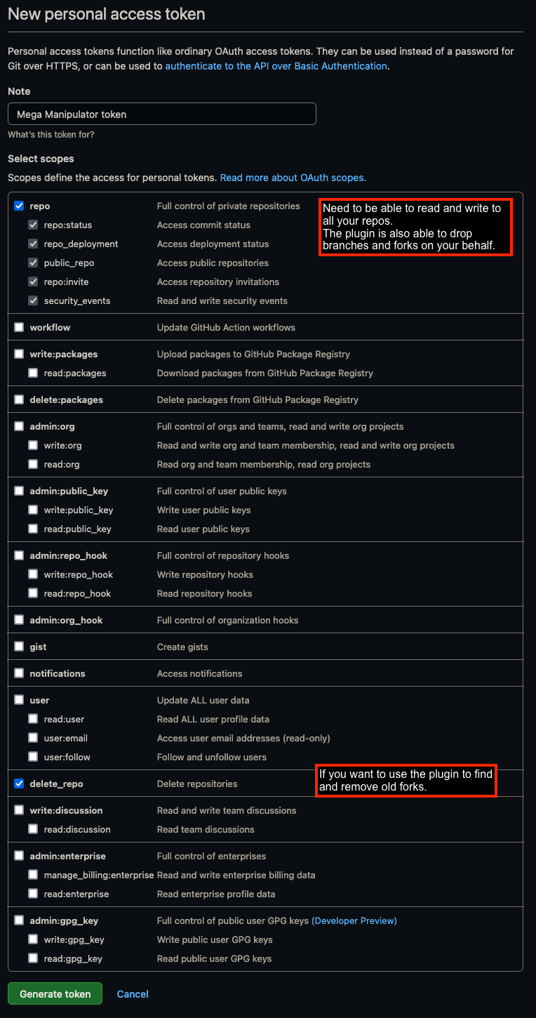 Personal access token scopes